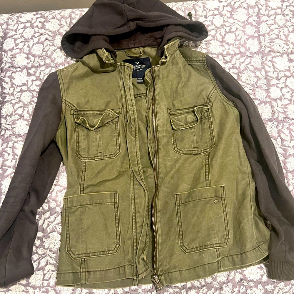 Medium American Eagle jean jacket. Olive color denim with black sweater attached
